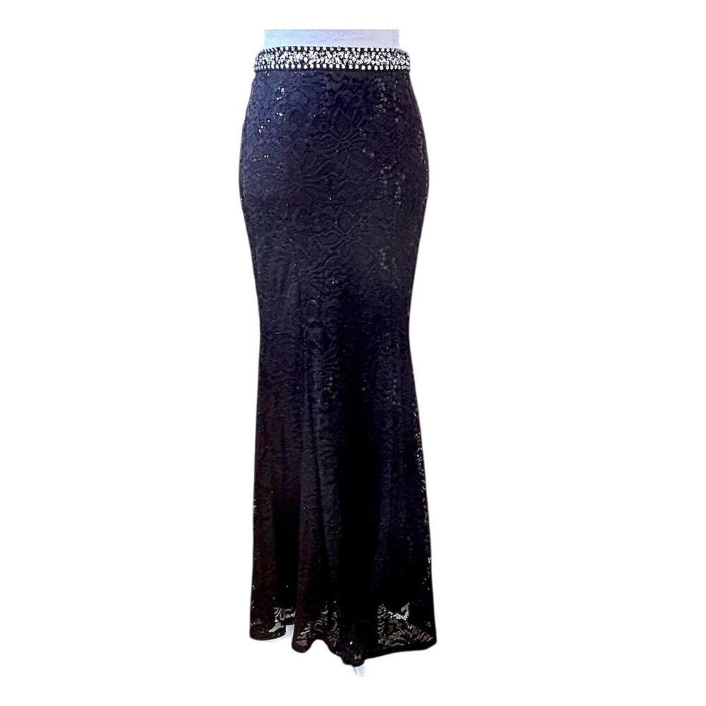 Vtg 90s Bling Goth Dark Fairy Black Sexy Sequin Mermaid Maxi Skirt Stretch 6